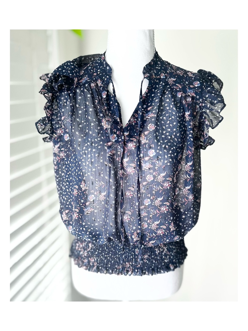 Joie Navy Floral Ruffle Sleeve Smocked Waist Blouse
